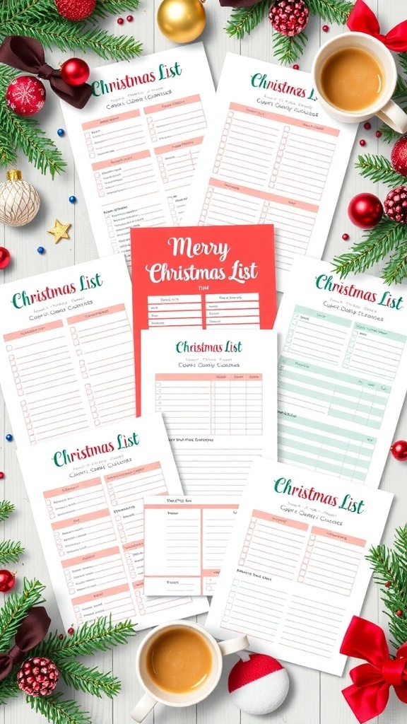 Flat lay of printable Christmas list layouts with festive designs and holiday decorations.